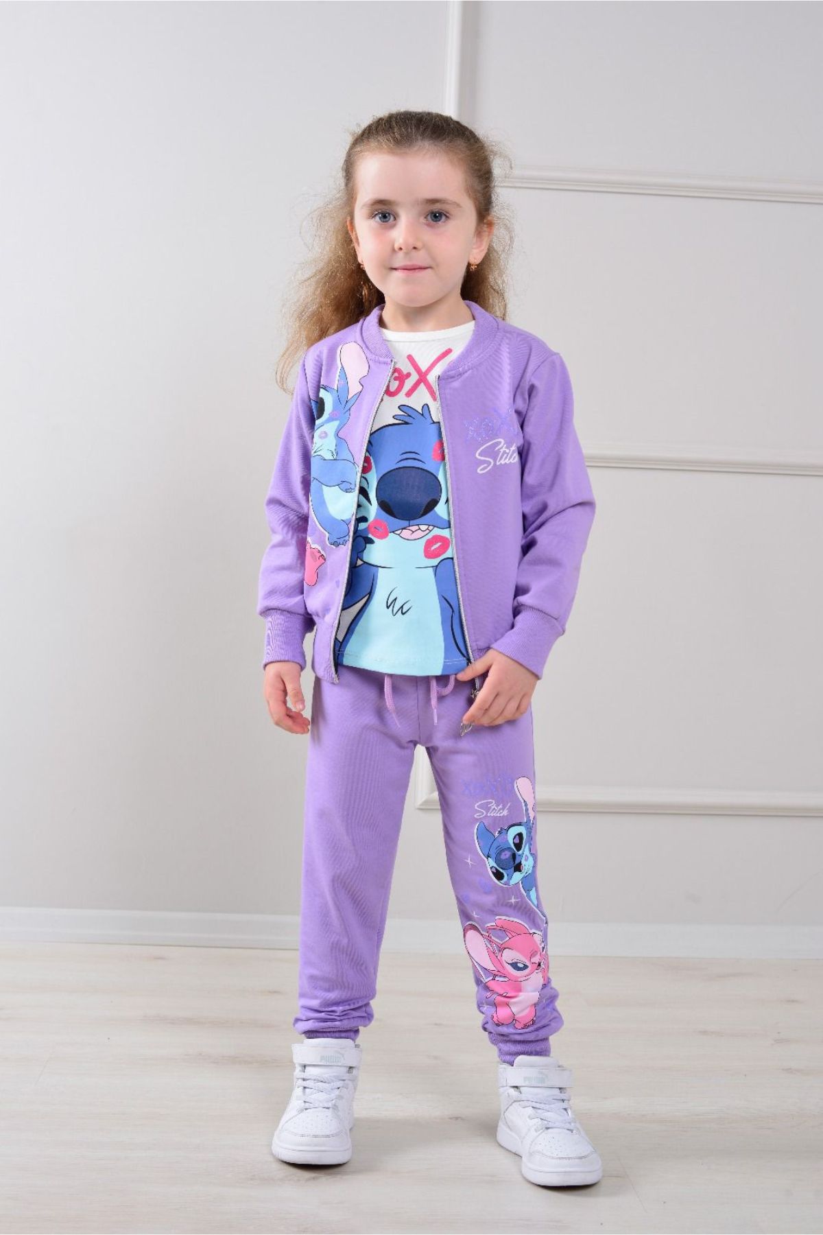 Детски комплект вата за момиче с дълъг ръкав 3 части, лилав цвят