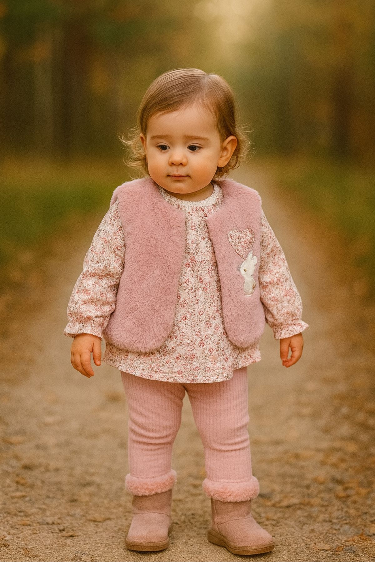 Детски комплект за момиче с дълъг ръкав 3 части, розов цвят