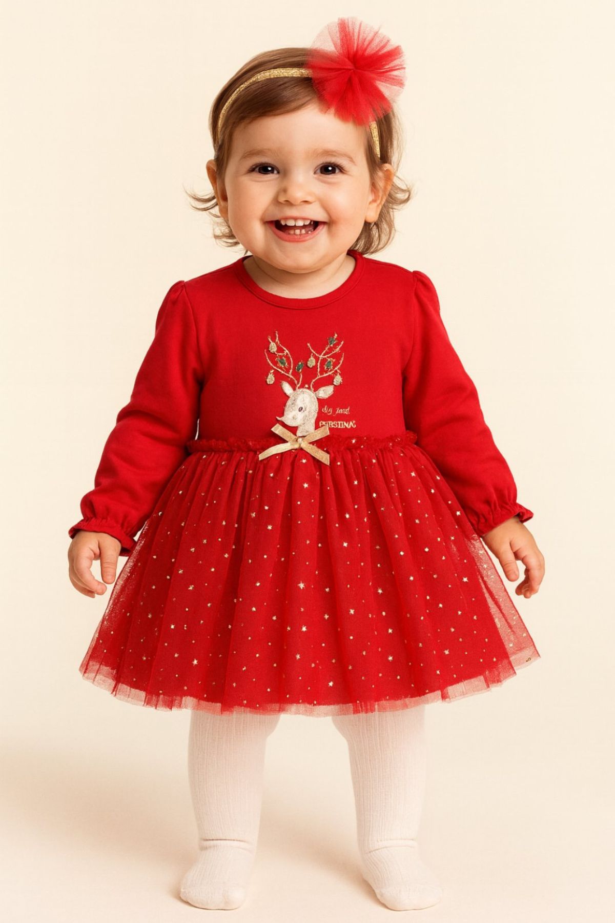 Детска рокля с дълъг ръкав Коледа, червен цвя