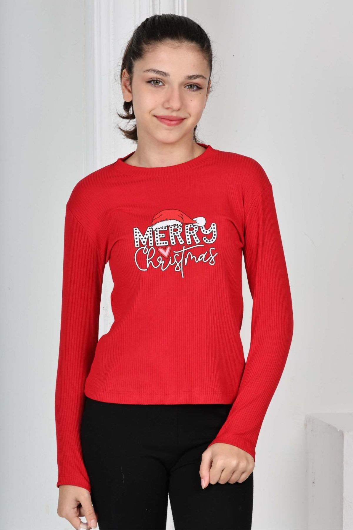 Детска блуза за момиче с дълъг ръкав Коледа, червен цвят