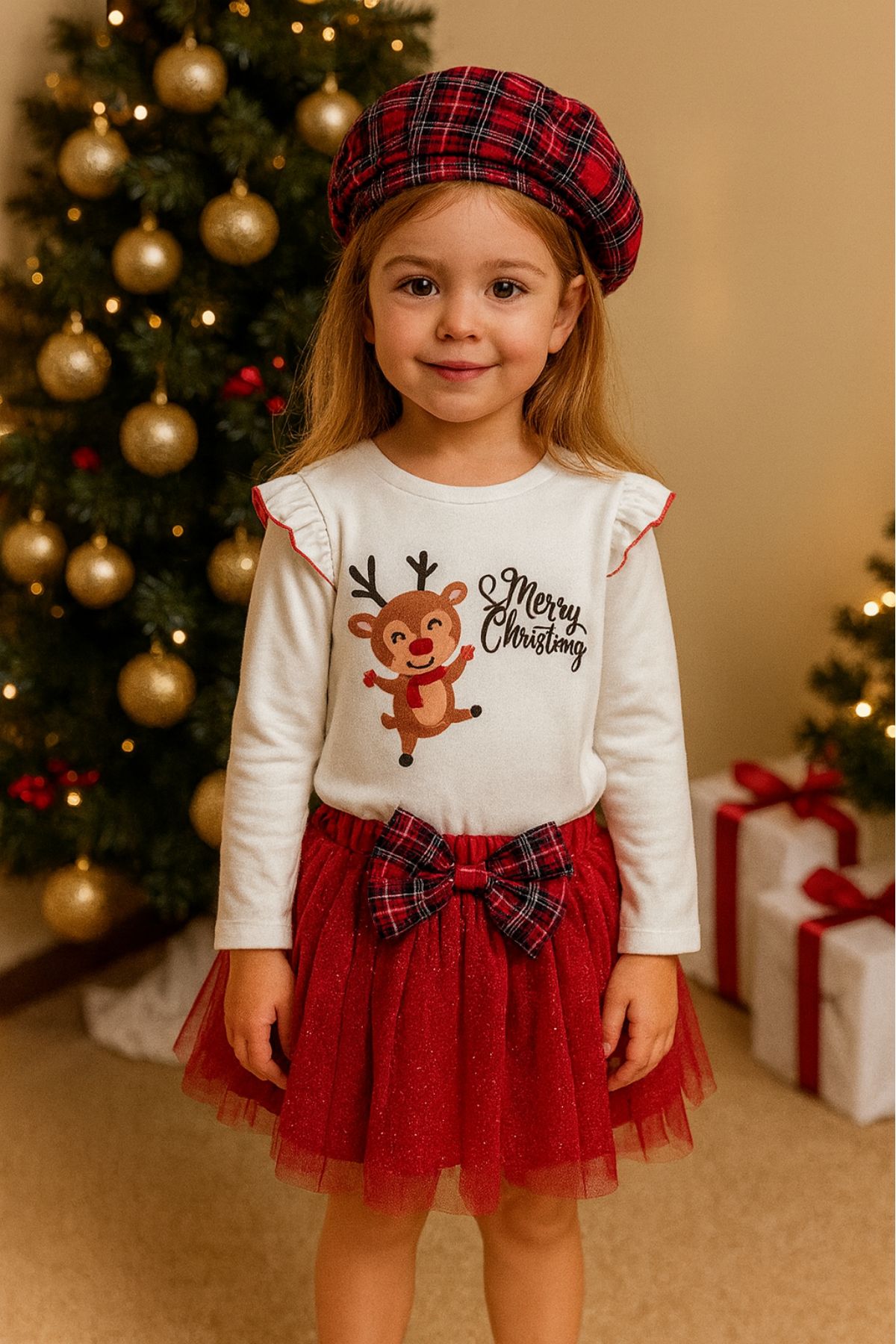Детски комплект за момиче с дълъг ръкав 3 части Коледа, червен цвят