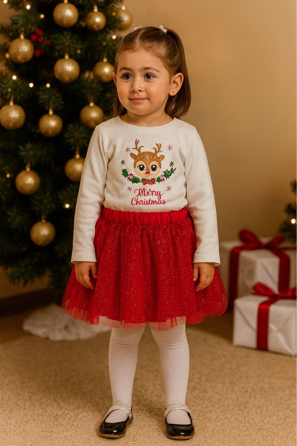 Детски комплект за момиче с дълъг ръкав Коледа, червен цвят