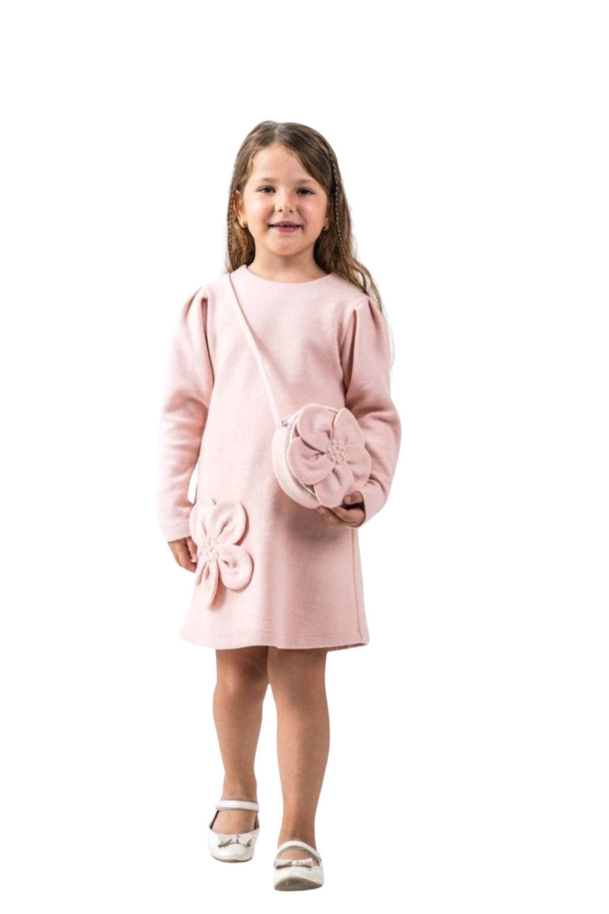 Детска рокля с дълъг ръкав и чантичка, розов цвят