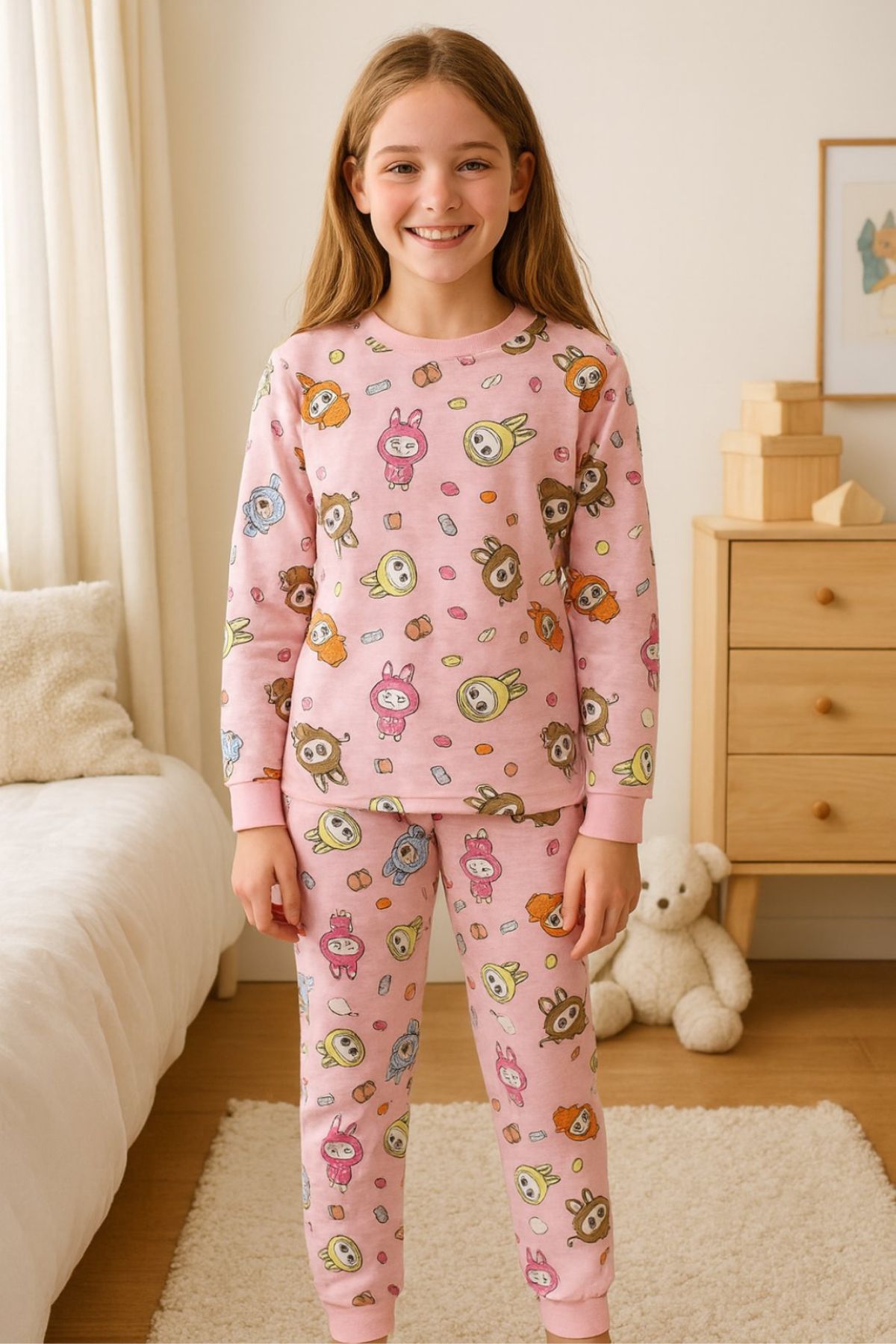 Детска пижама за момиче с дълъг ръкав, розов цвят