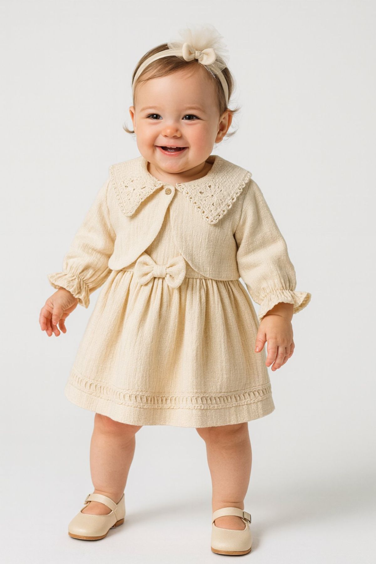 Детска рокля без ръкав със сако, бежов цвят