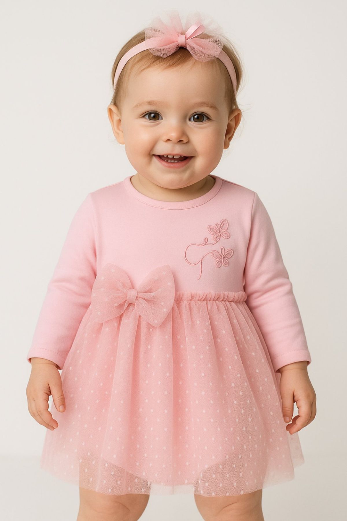 Бебешка боди рокля с лента за глава, розов цвят