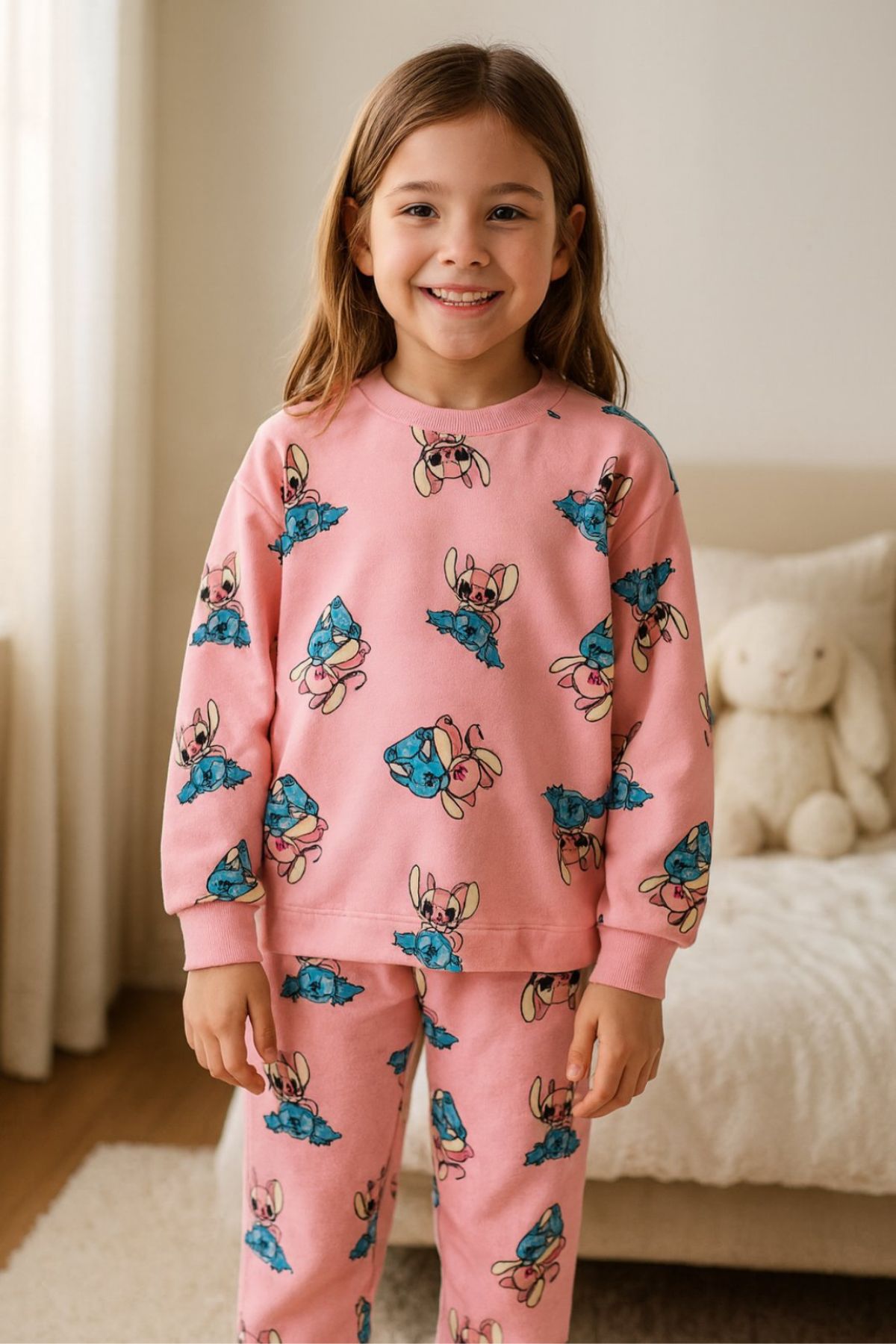 Детска пижама дълъг ръкав момиче Stitch, розов цвят