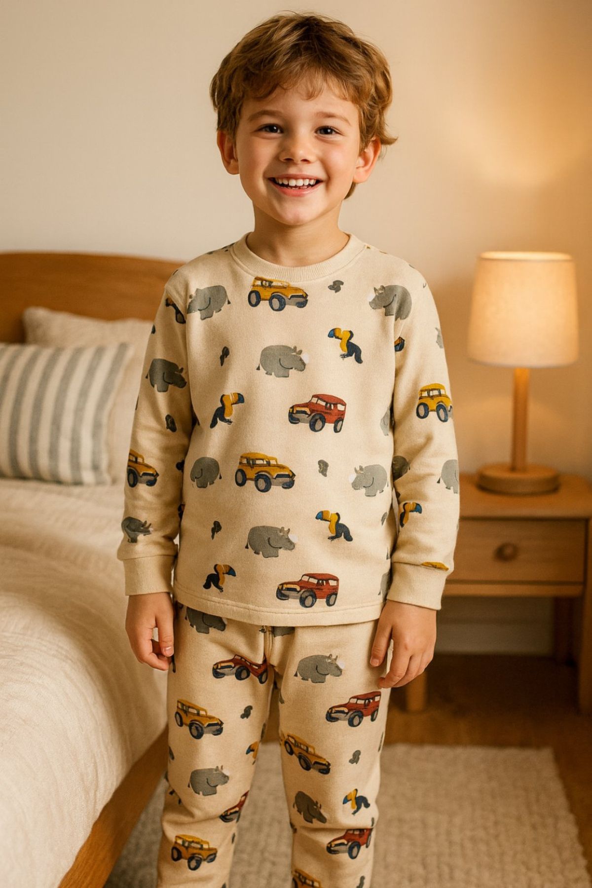 Детска пижама дълъг ръкав за момче, бежов цвят