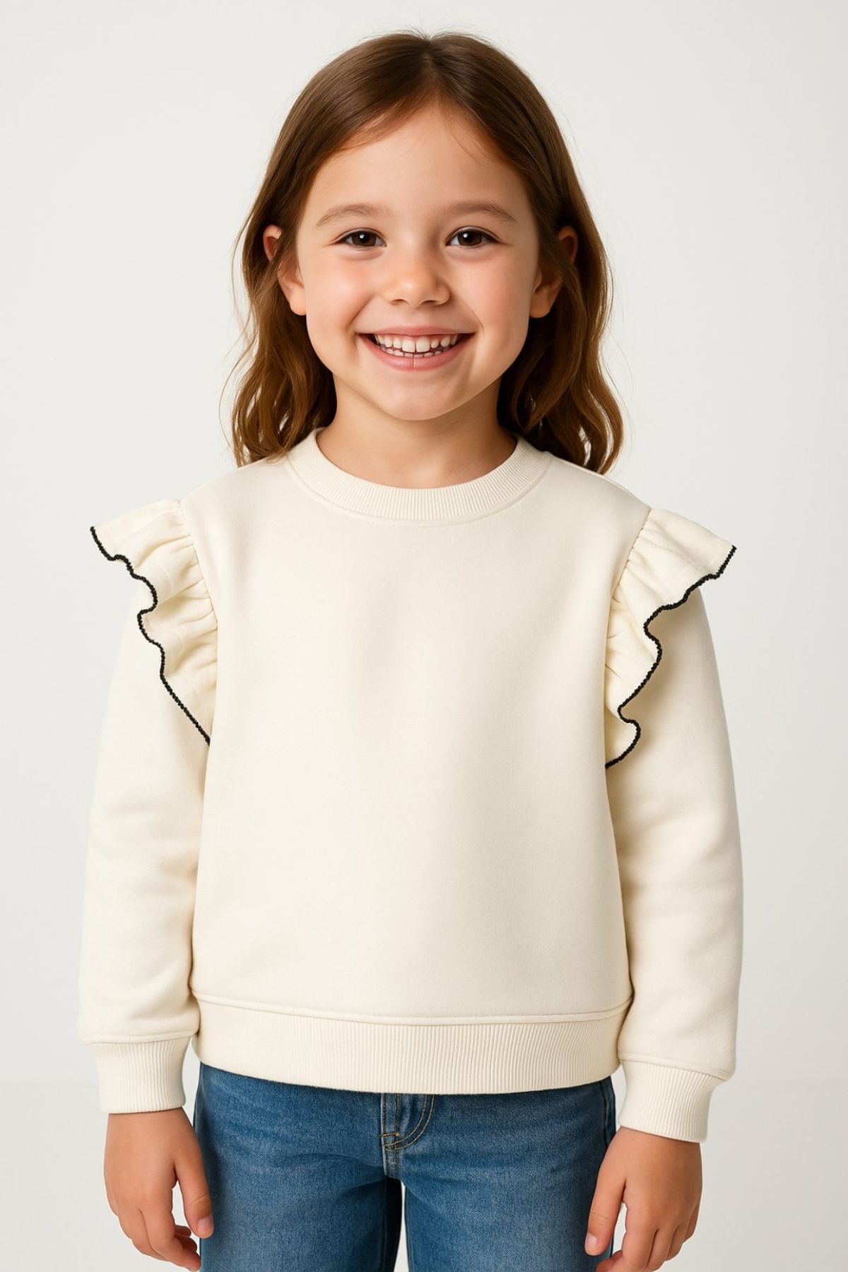 Детска блуза за момиче с дълъг ръкав, цвят екрю