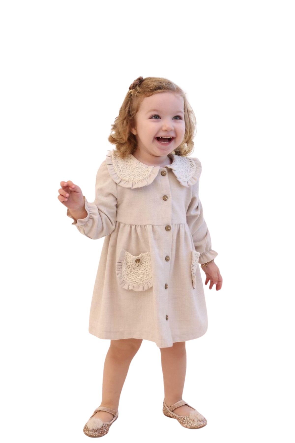 Детска рокля с дълъг ръкав, бежов цвят