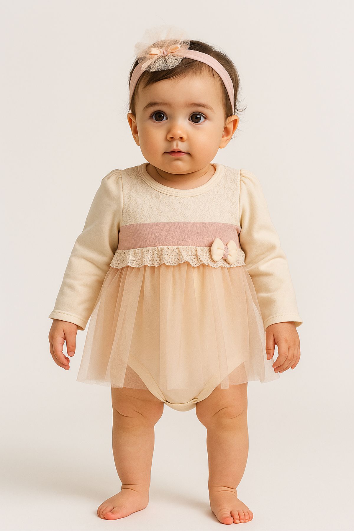 Бебешка боди-рокля с дълъг ръкав, бежов цвят