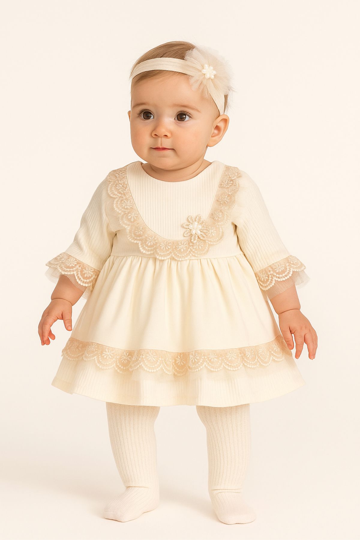 Бебешка рокля дълъг ръкав с лента за глава, бежов цвят
