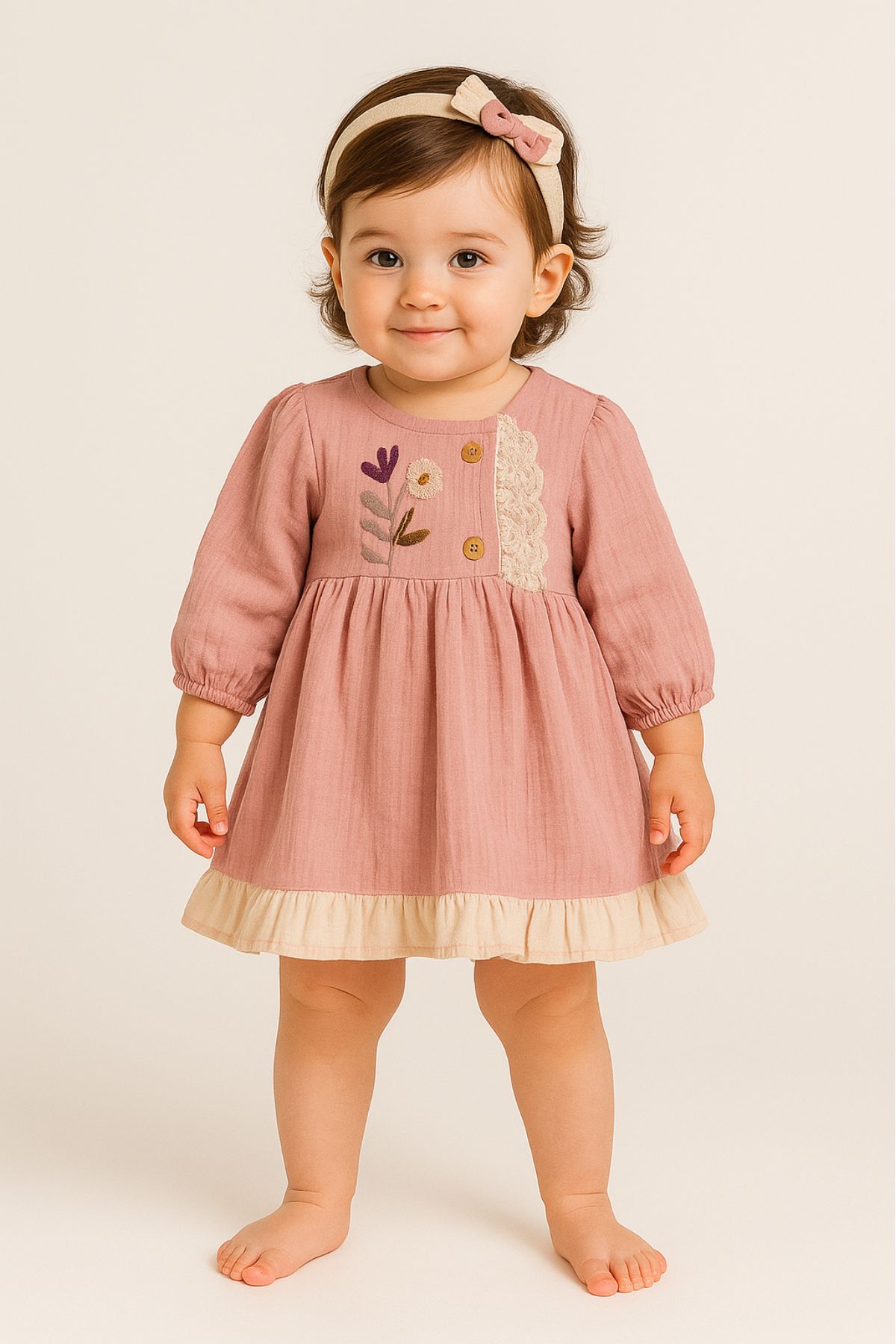 Бебешка рокля с дълъг ръкав и лента за глава, розов цвят