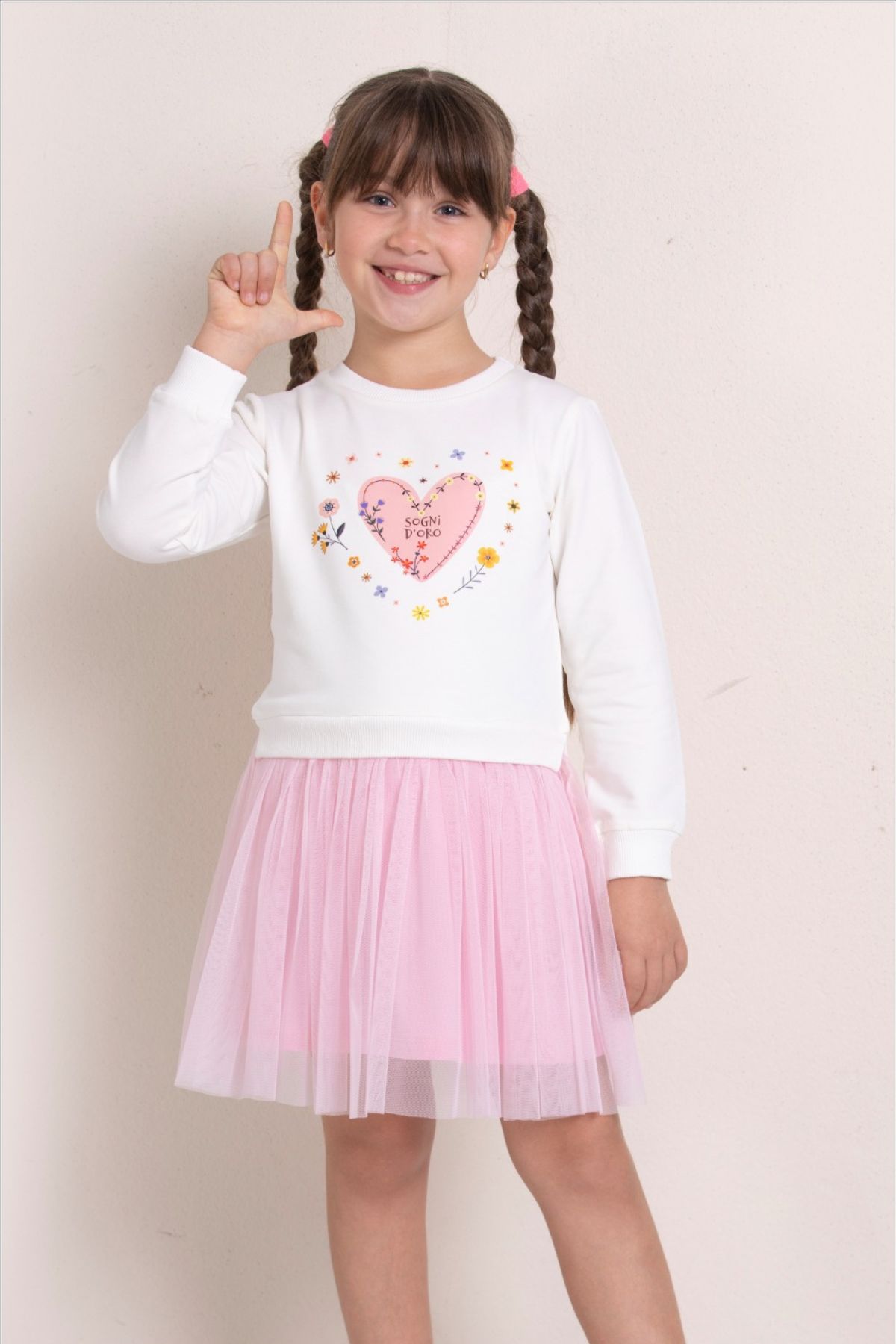 Детска рокля с дълъг ръкав, цвят екрю