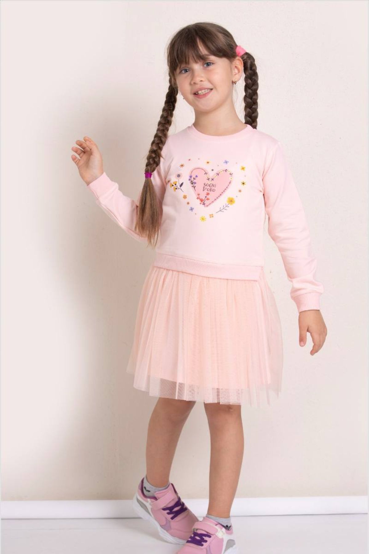 Детска рокля с дълъг ръкав, цвят сьомга