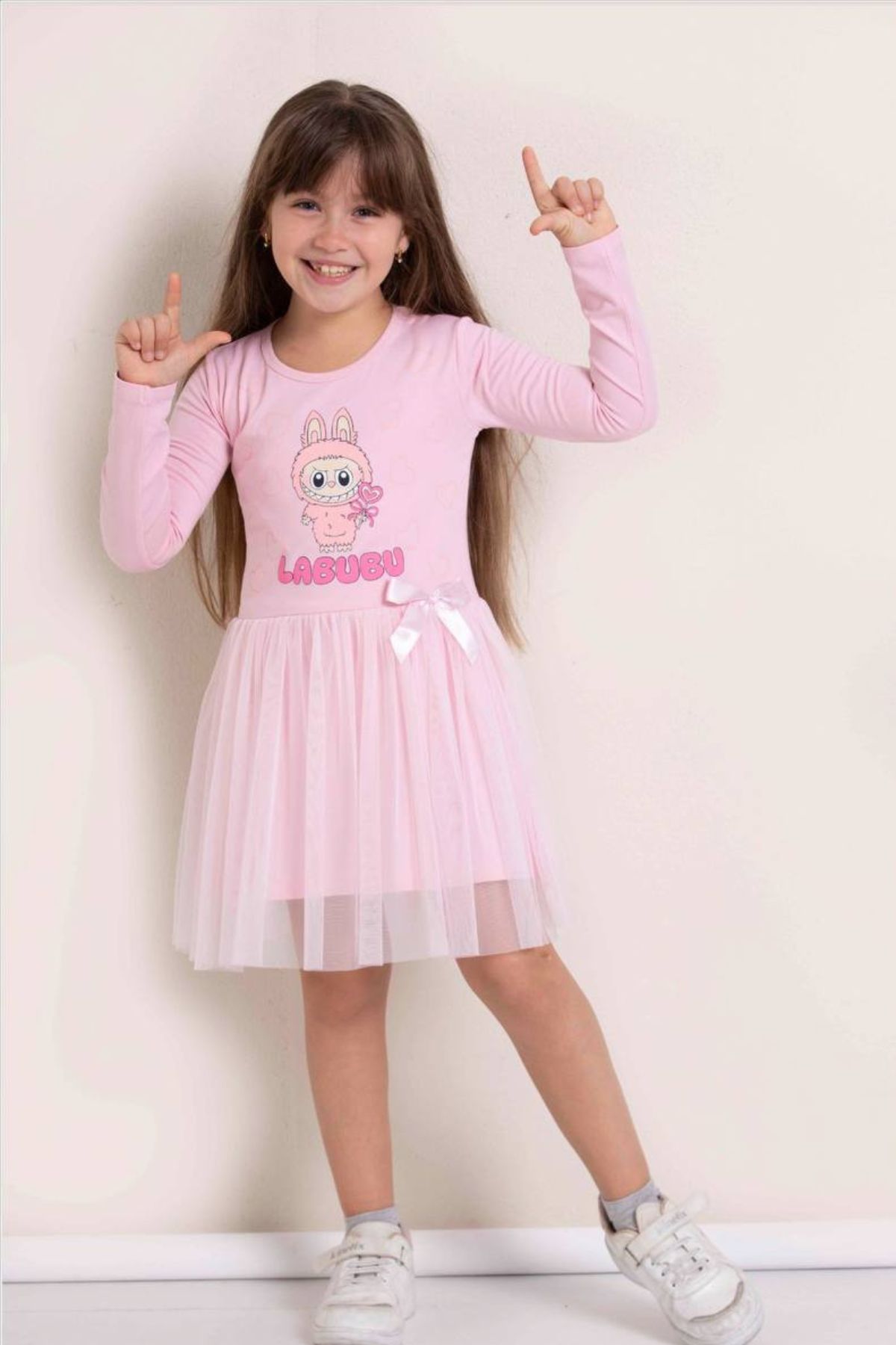 Детска рокля с дълъг ръкав, розов цвят