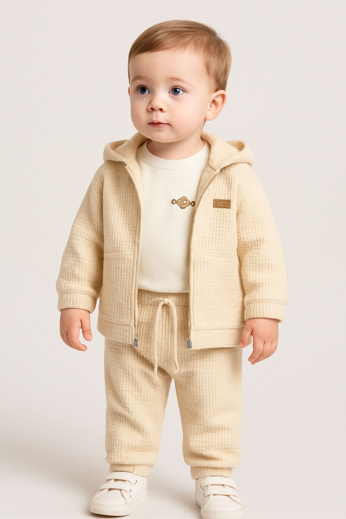 Бебешки комплект за момче дълъг ръкав 3 части, бежов цвят