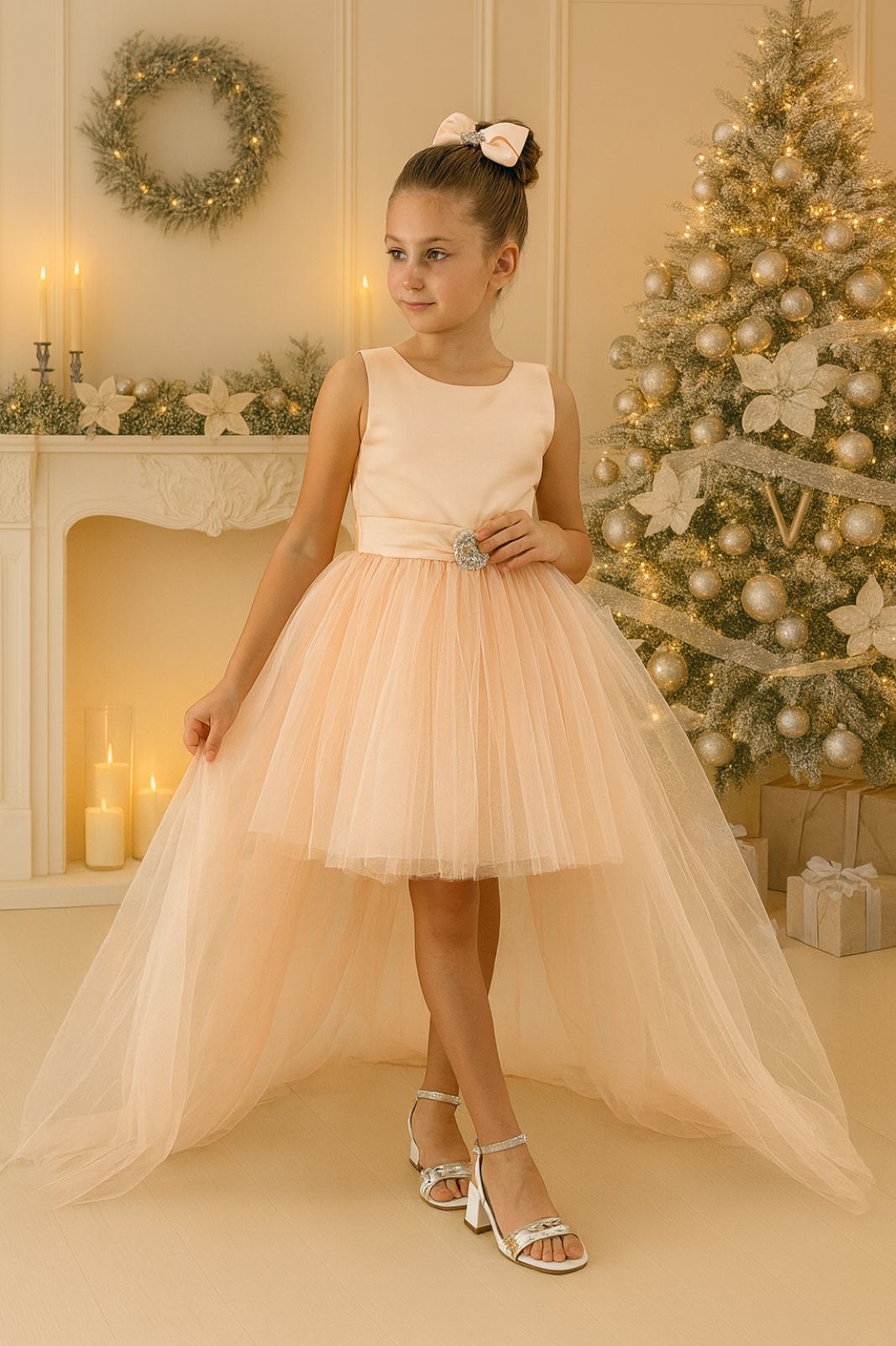 Детска официална рокля, цвят корал