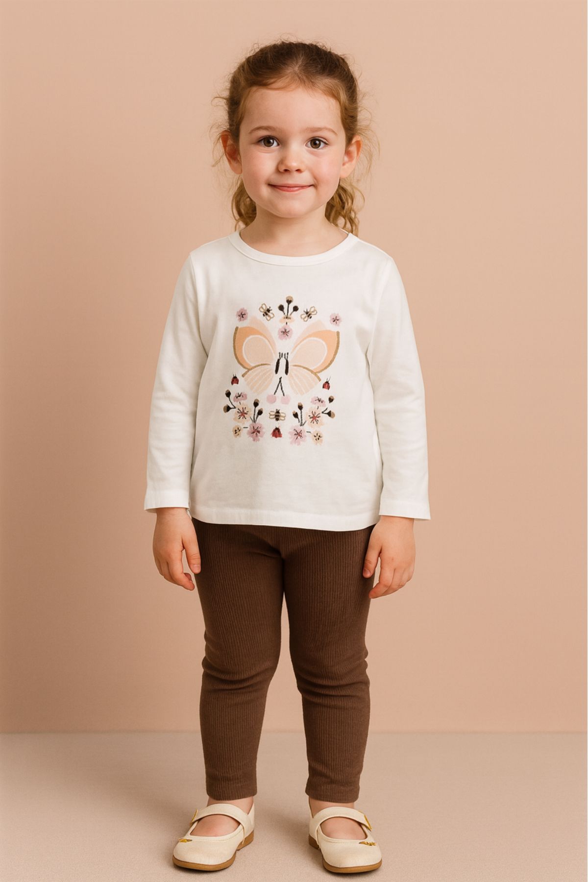 Детска блуза момиче дълъг ръкав, цвят екрю
