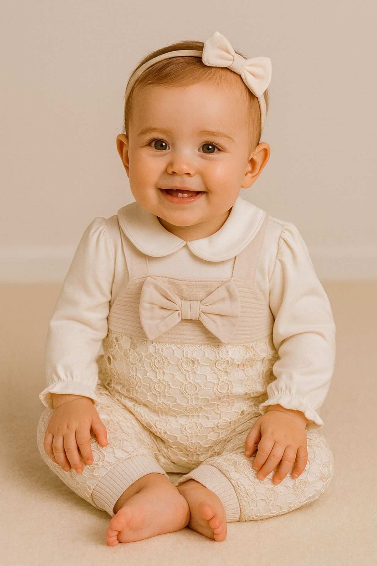 Бебешки гащеризон с блуза дълъг ръкав за момиче, бежов цвят