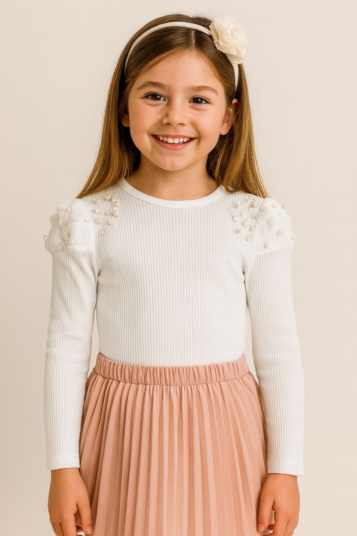 Детска блуза за момиче с дълъг ръкав, цвят екрю