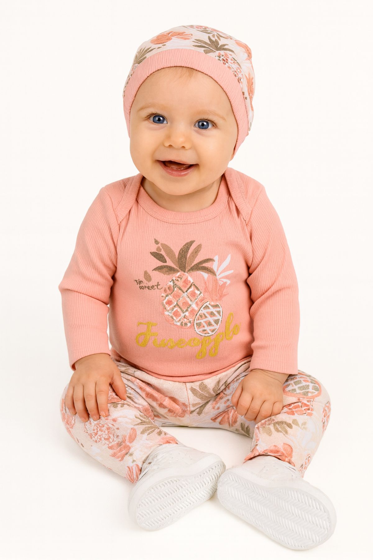 Бебешки комплект за момиче с дълъг ръкав 3 части, розов цвят