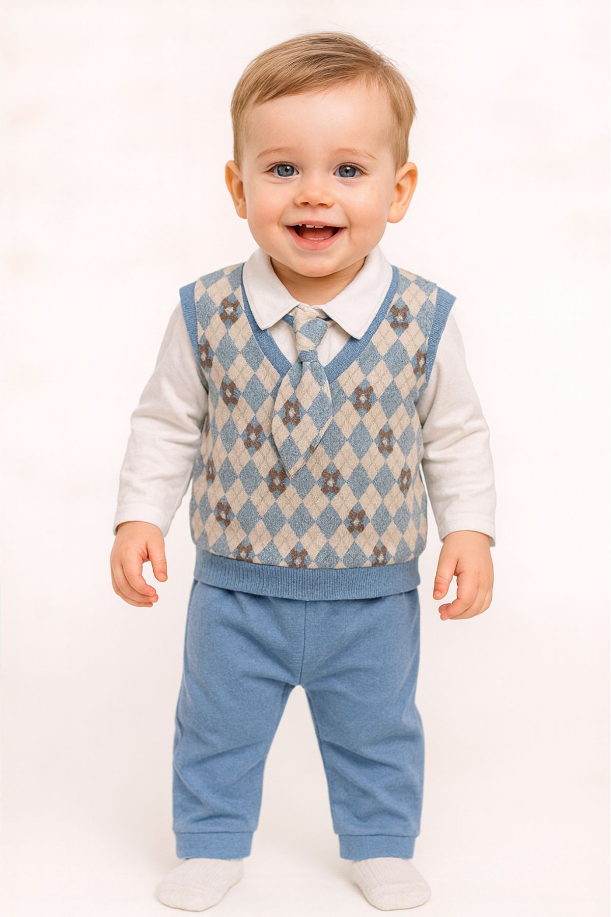 Бебешки комплект за момче с дълъг ръкав 3 части, син цвят