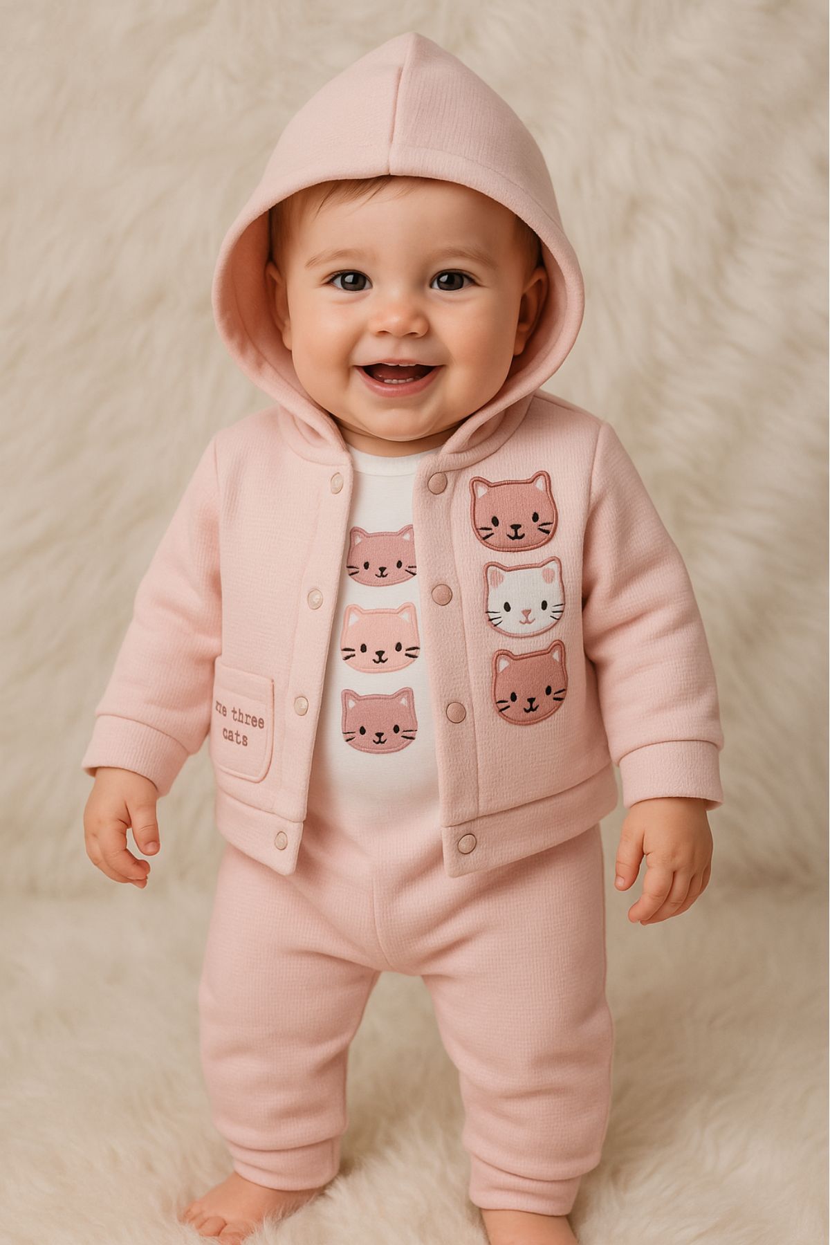 Бебешки комплект за момиче с дълъг ръкав 3 части, розов цвят