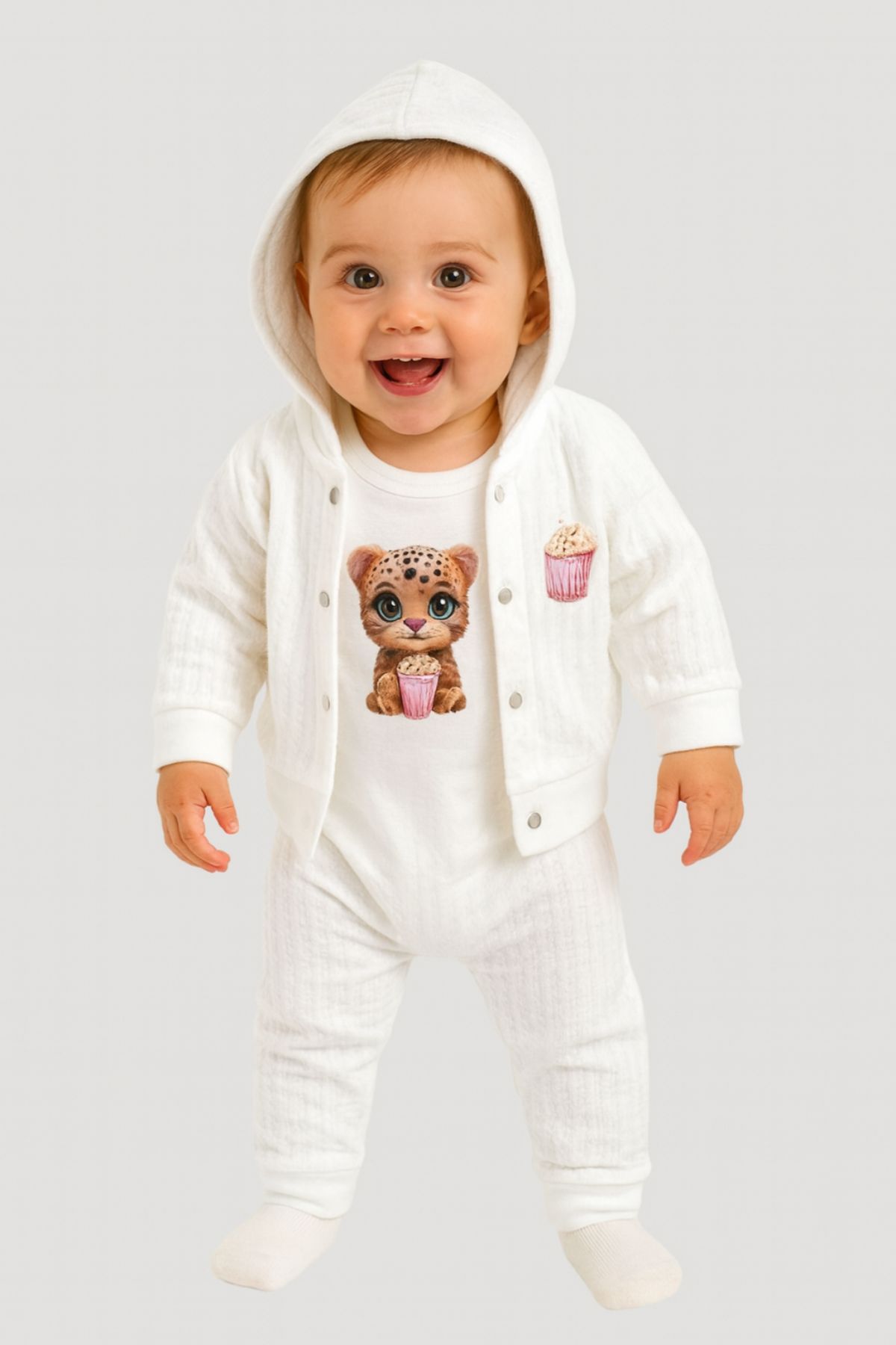 Бебешки комплект за момиче с дълъг ръкав 3 части, цвят екрю