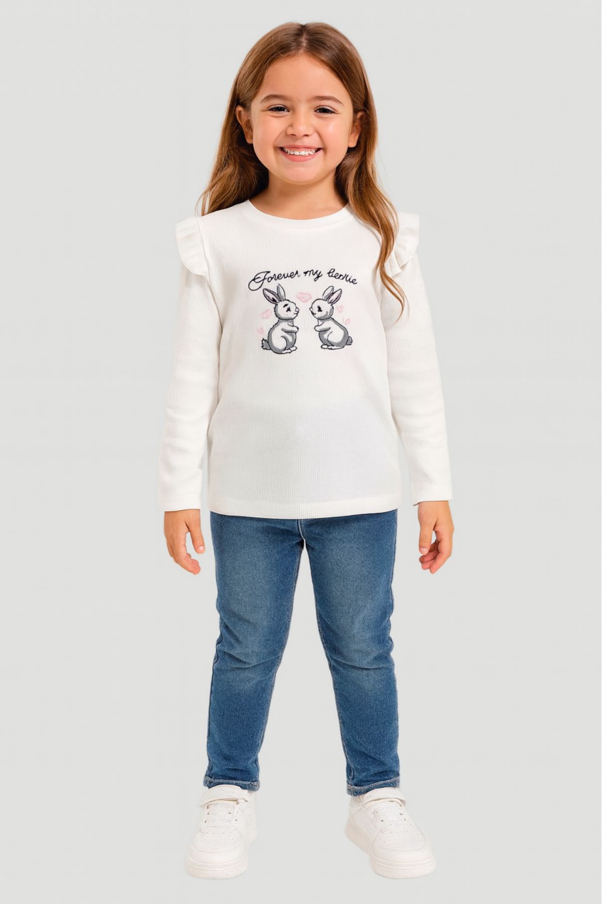 Детска блуза за момиче дълъг ръкав, цвят екрю