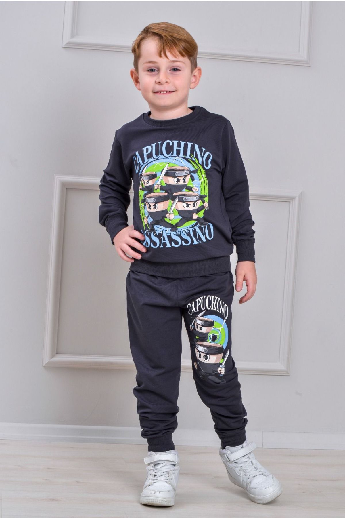 Детски комплект за момче с дълъг ръкав, тъмно сив цвят