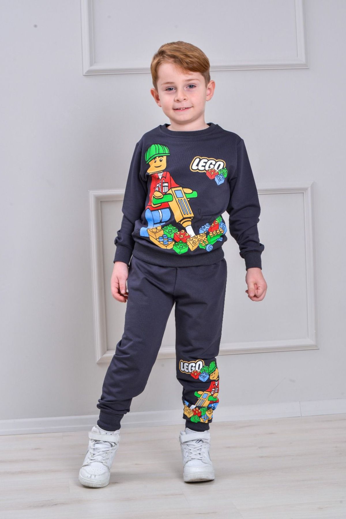 Детски комплект за момче с дълъг ръкав, тъмно сив цвят 