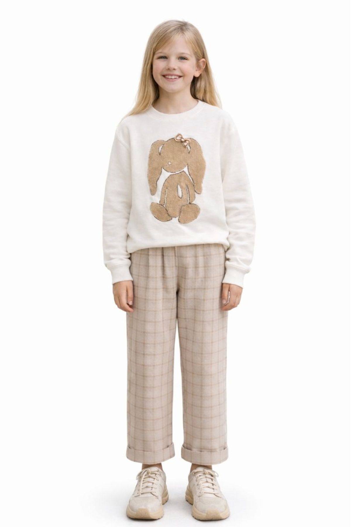 Детска блуза за момиче дълъг ръкав, цвят екрю