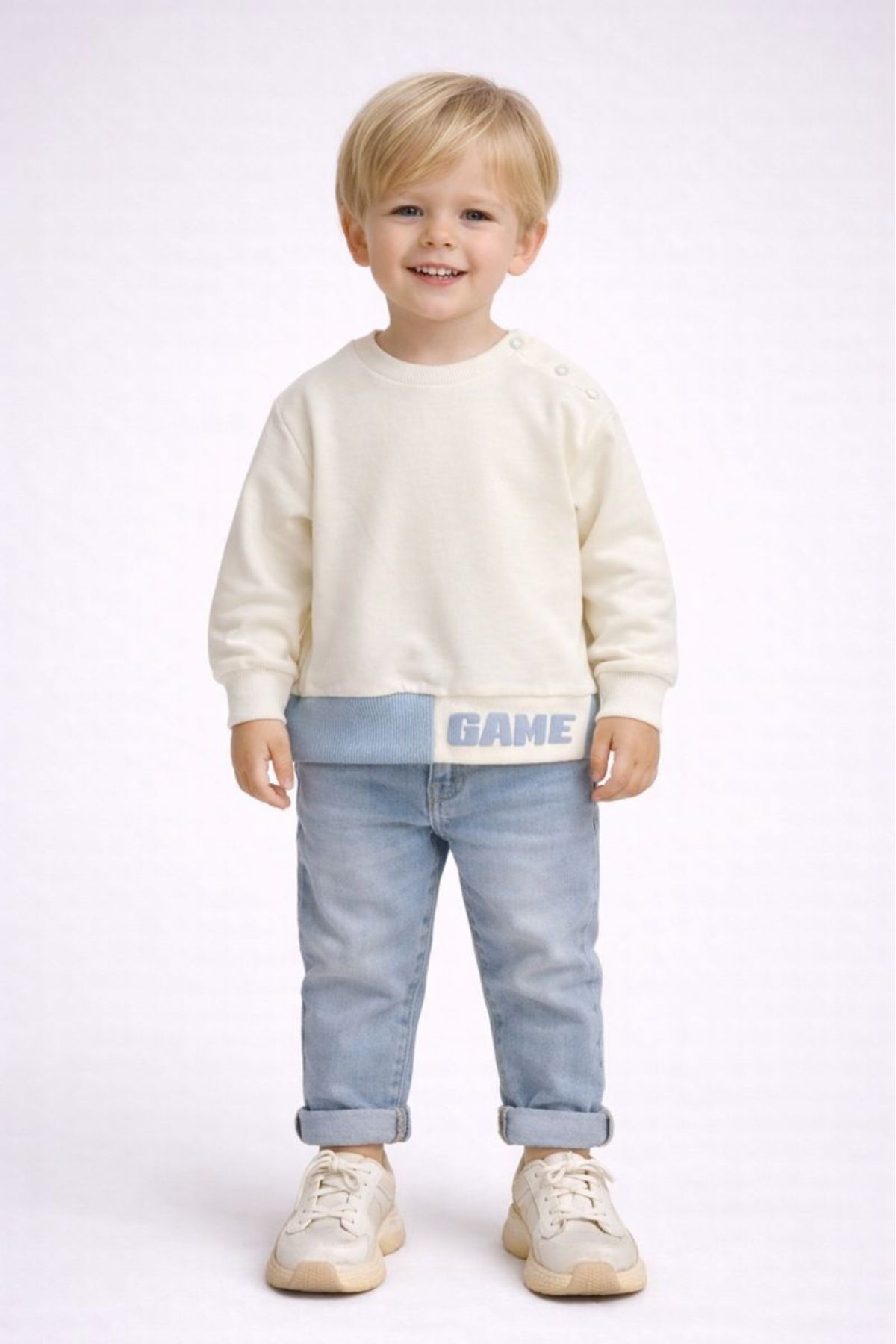 Детска блуза за момче с дълъг ръкав, цвят екрю