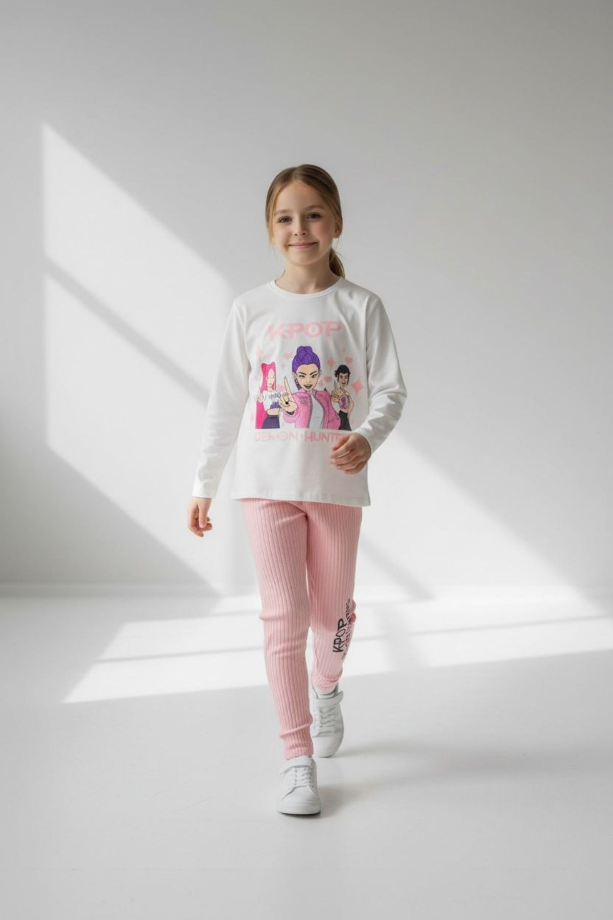 Детски комплект за момиче с дълъг ръкав, розов цвят 