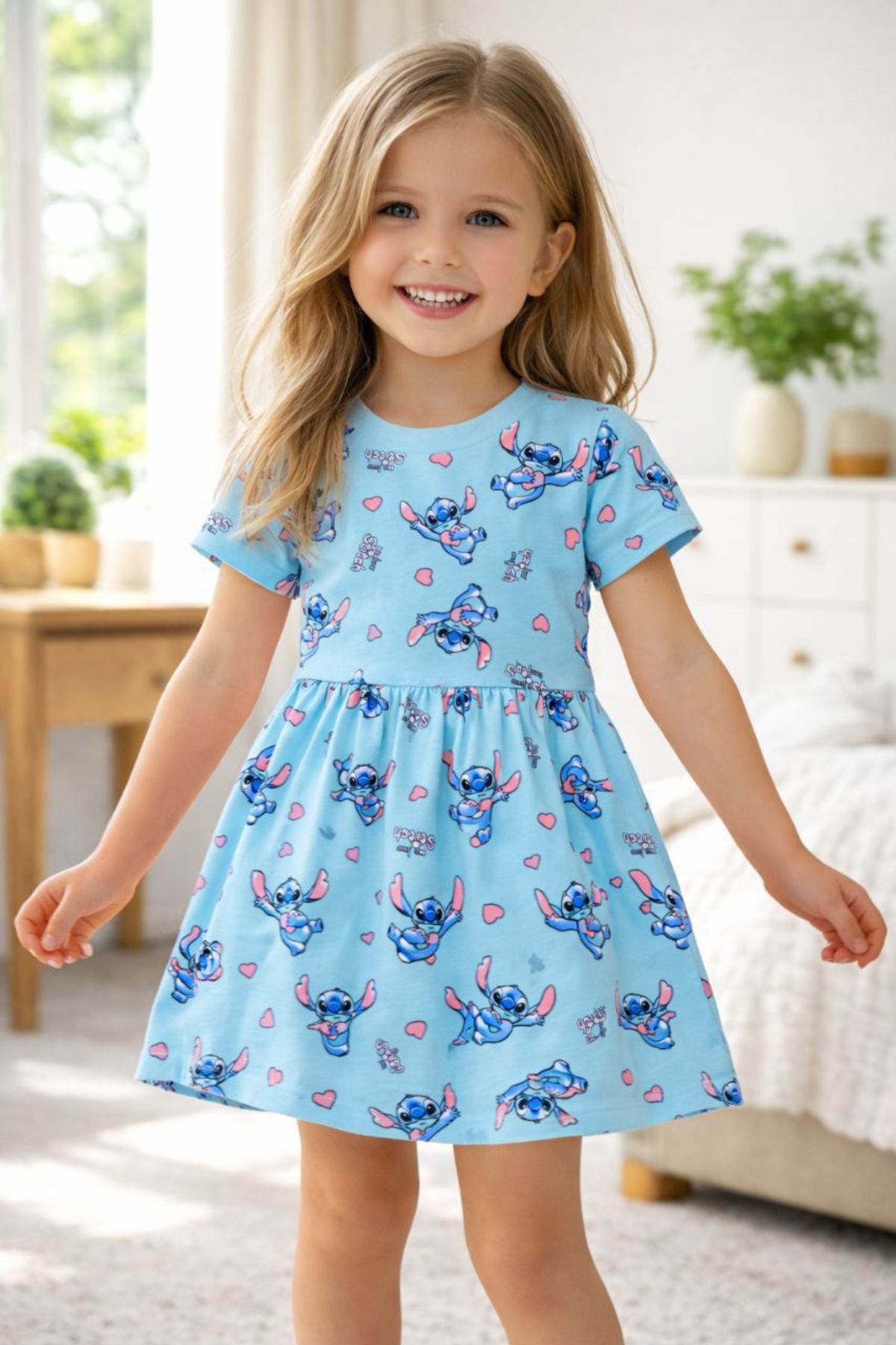 Детска рокля къс ръкав Stitch, син цвят