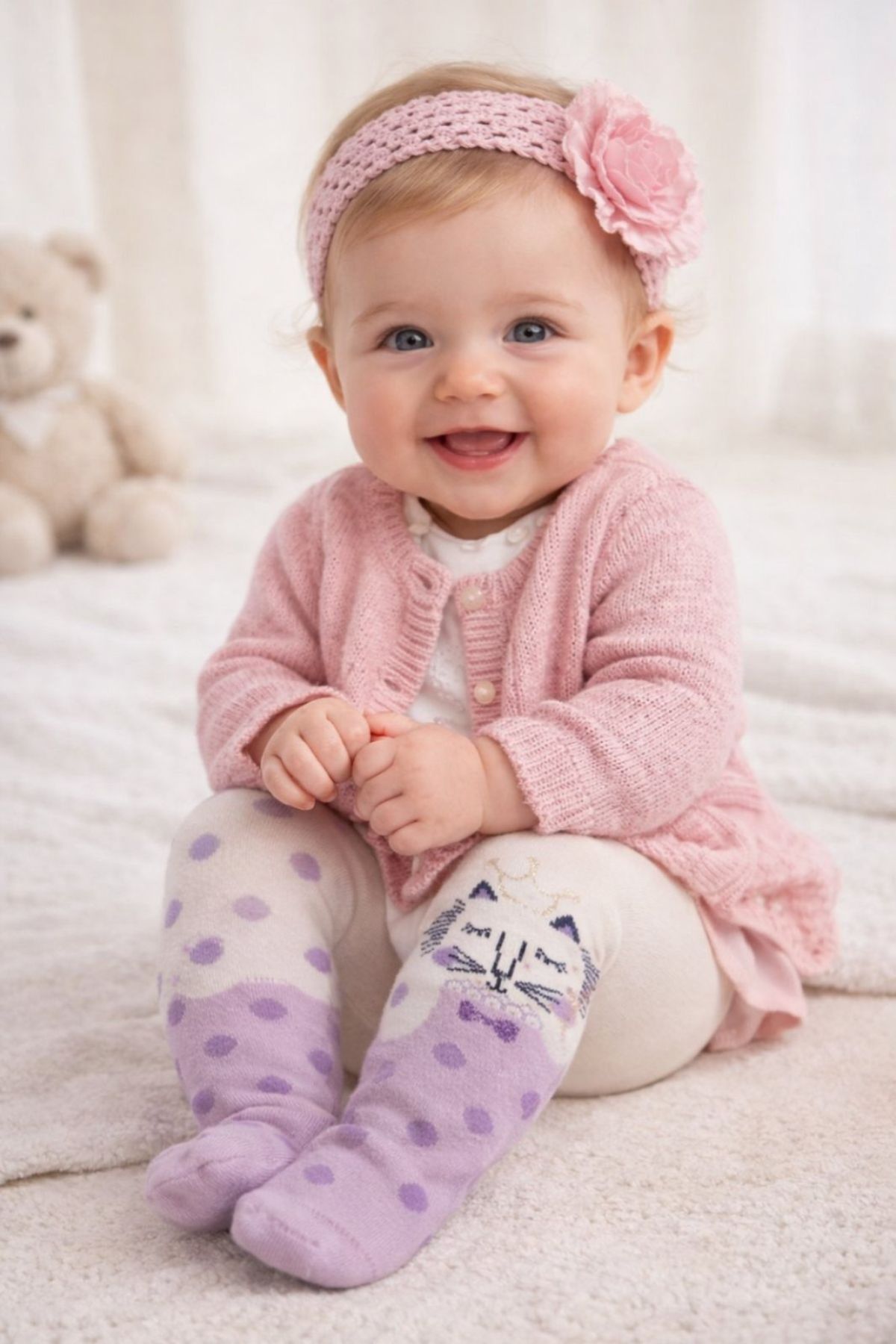 Бебешки чорапогащник момиче вата с котенце, лилав цвят