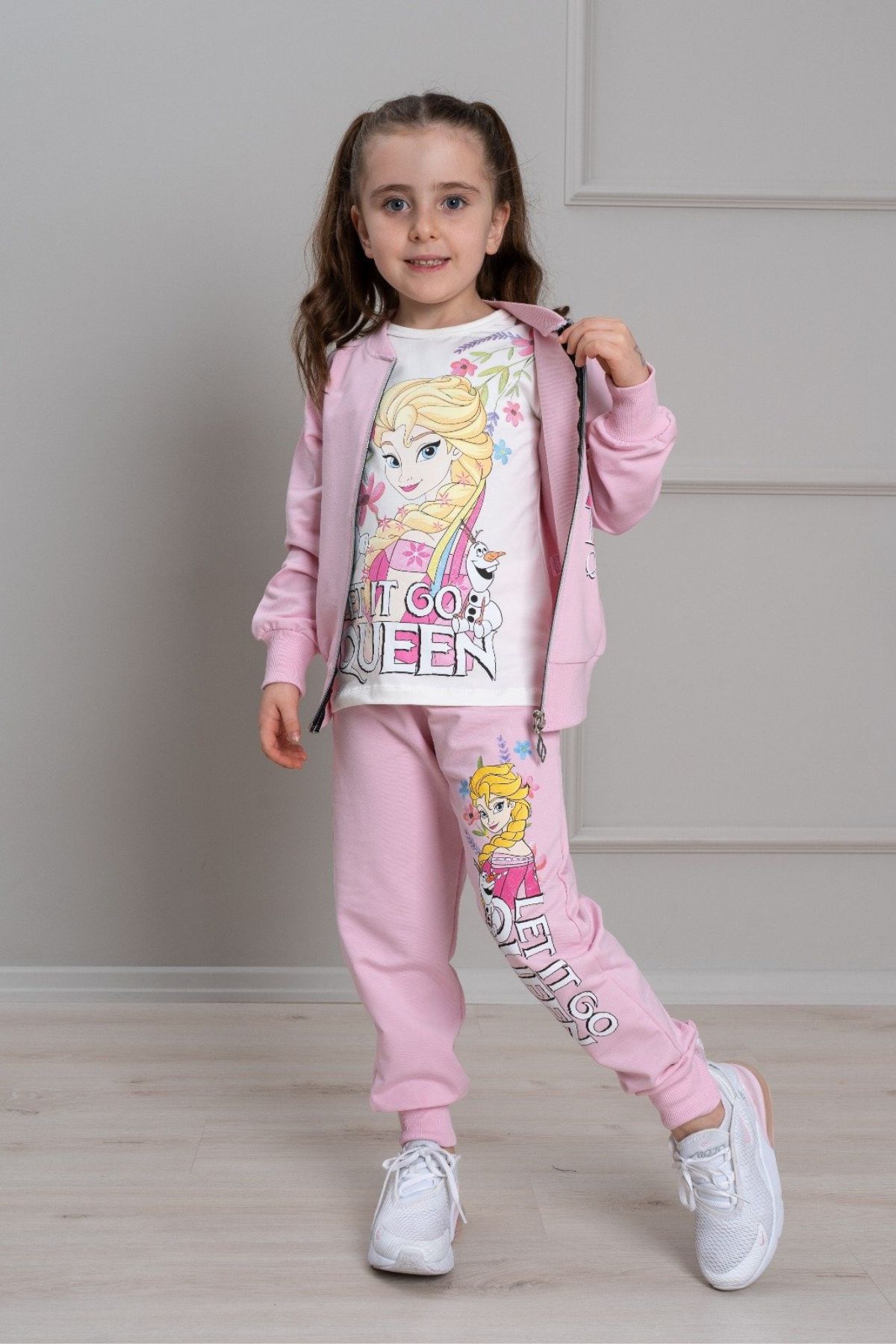 Детски комплект за момиче с дълъг ръкав 3 части, розов цвят 