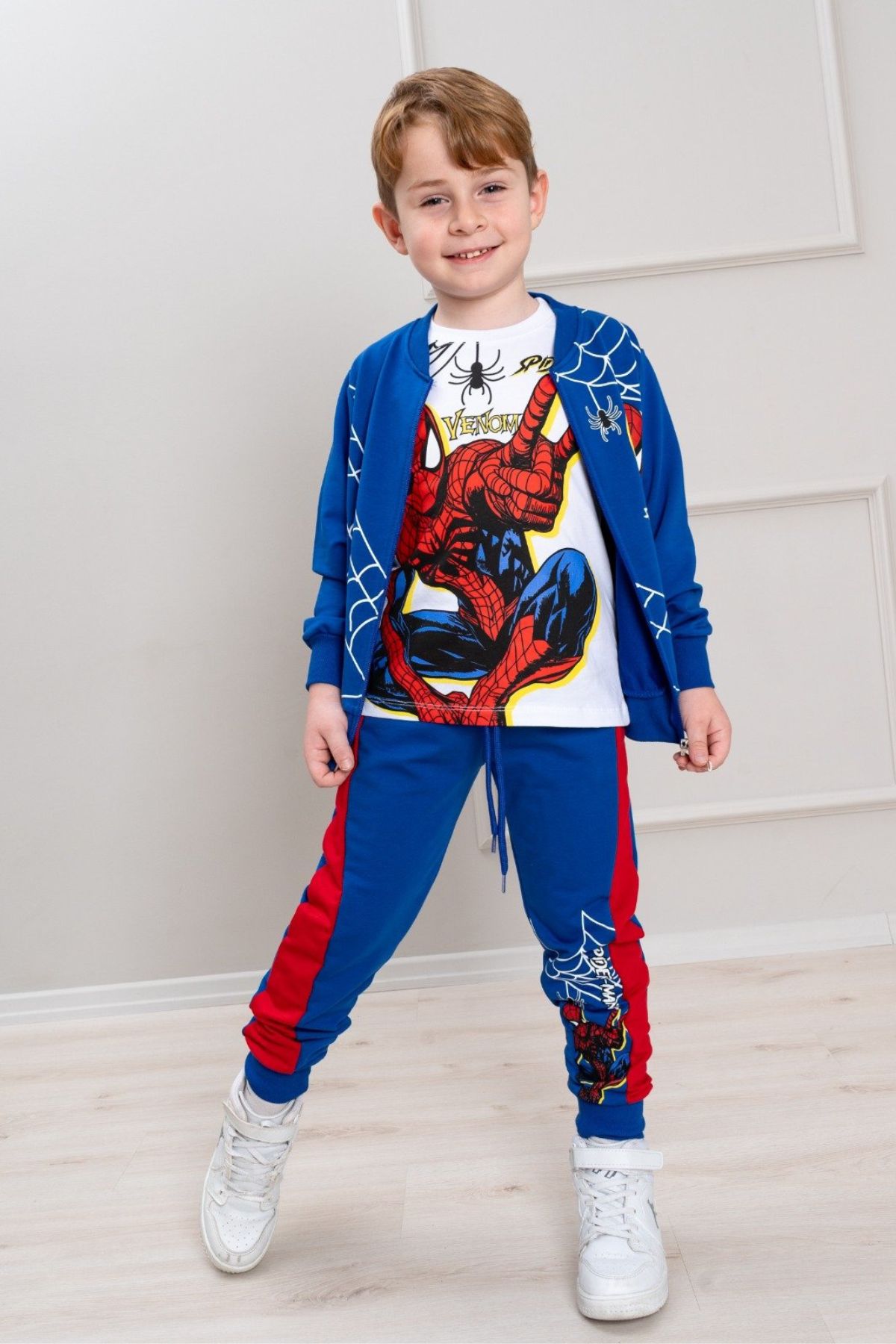 Детски комплект за момче с дълъг ръкав 3 части, син цвят