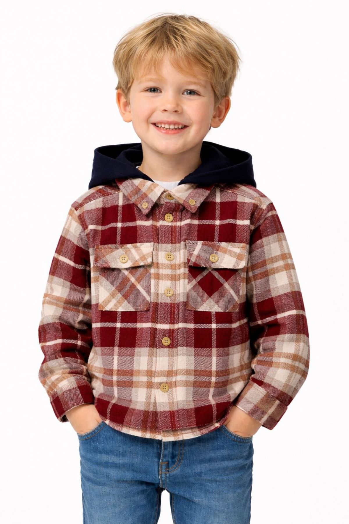 Детска риза за момче с дълъг ръкав, цвят бордо 