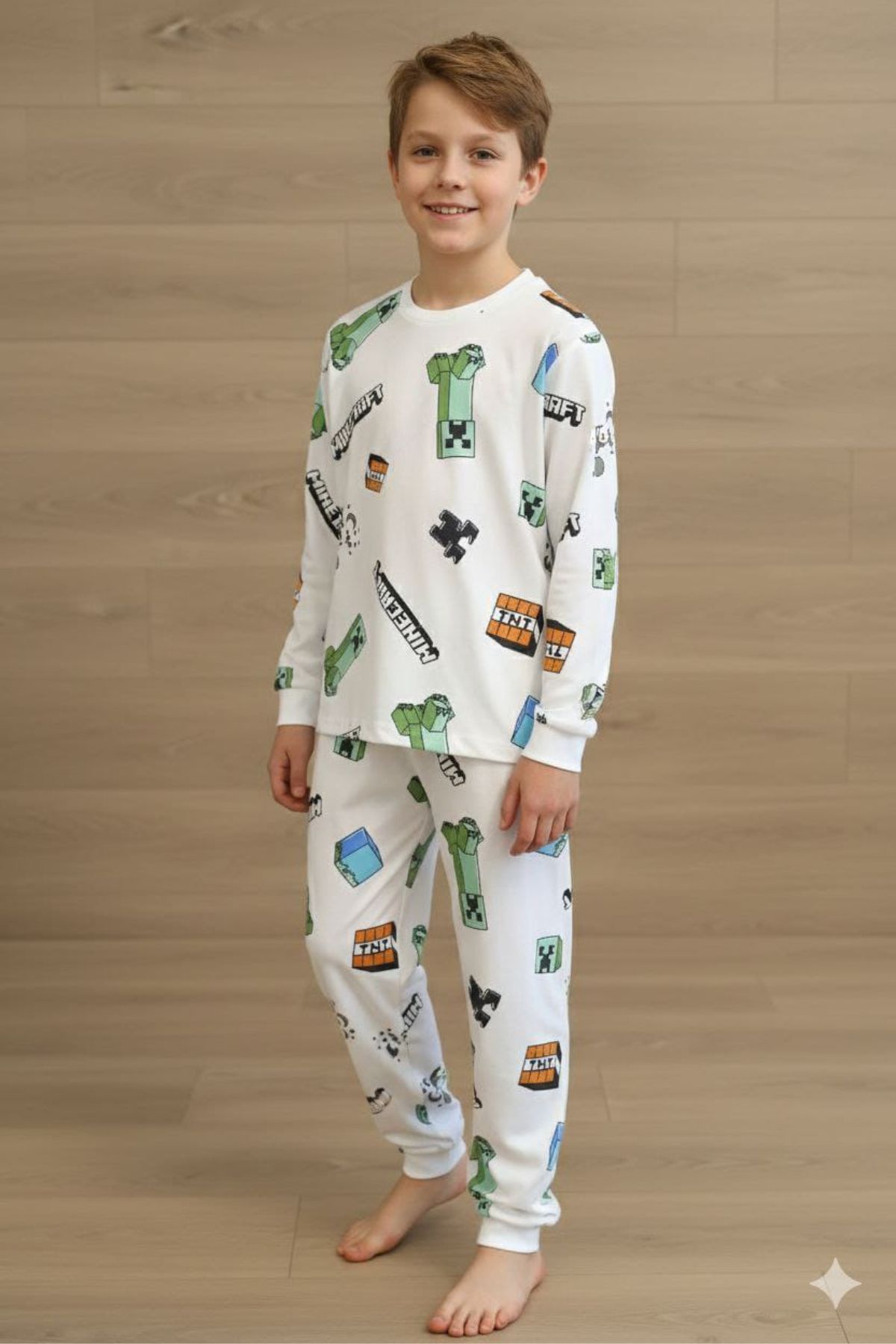 Детска пижама за момче с дълъг ръкав, цвят екрю