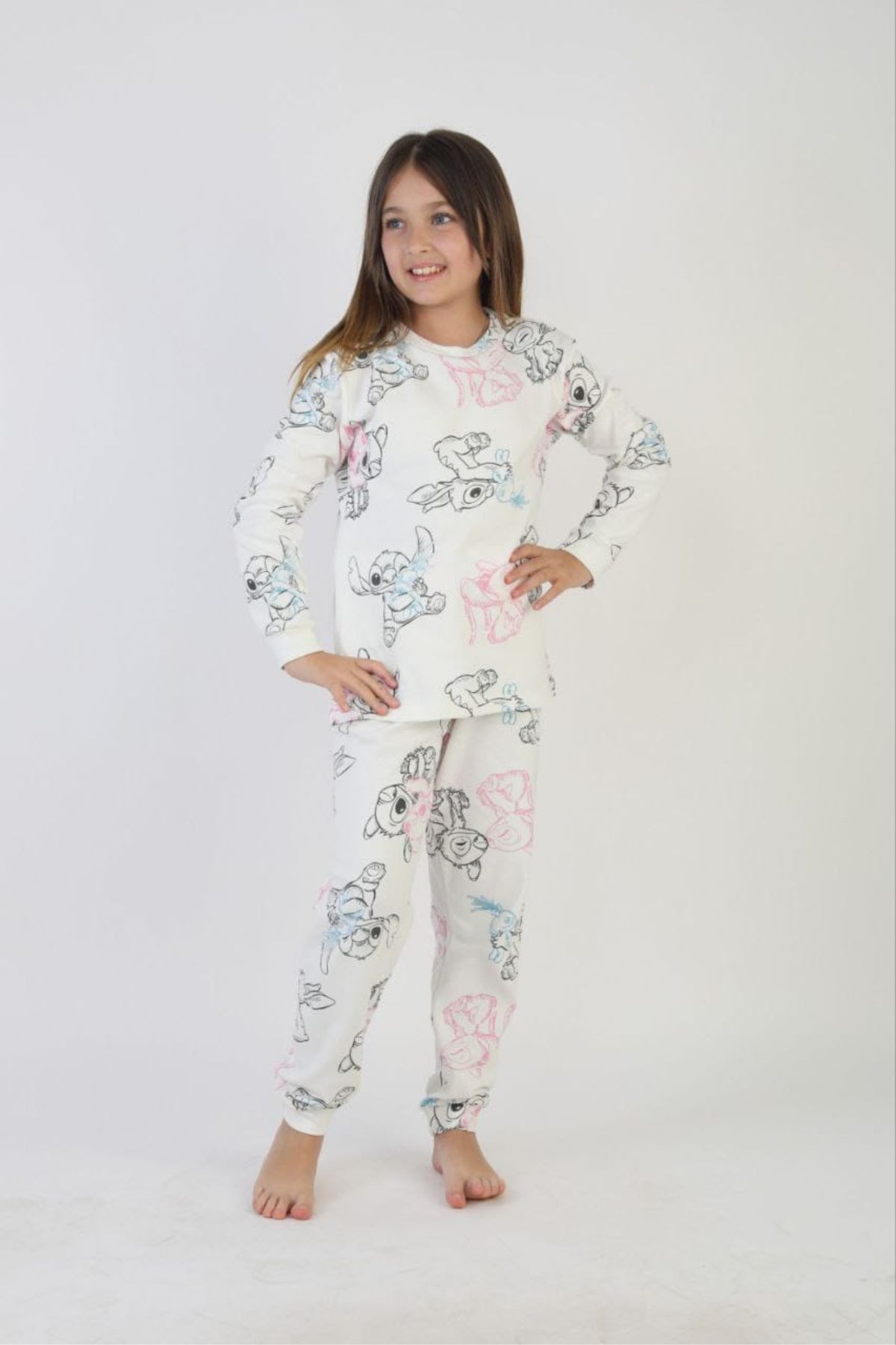 Детска пижама за момиче с дълъг ръкав, бял цвят  