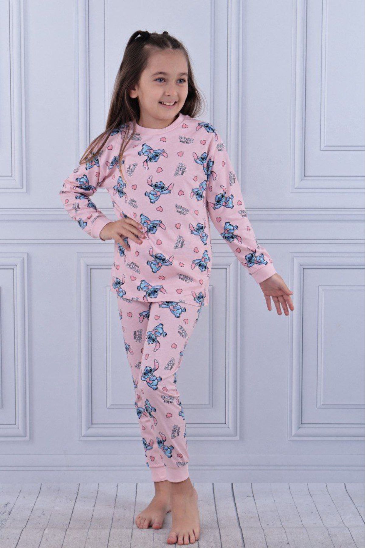 Детска пижама за момиче с дълъг ръкав, розов цвят 