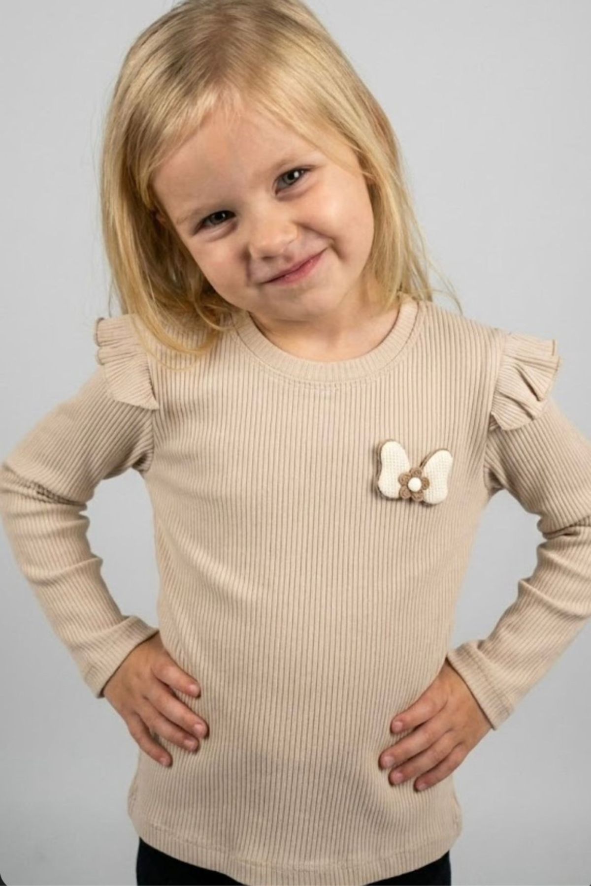 Детска блуза рипс за момиче с дълъг ръкав, бежов цвят