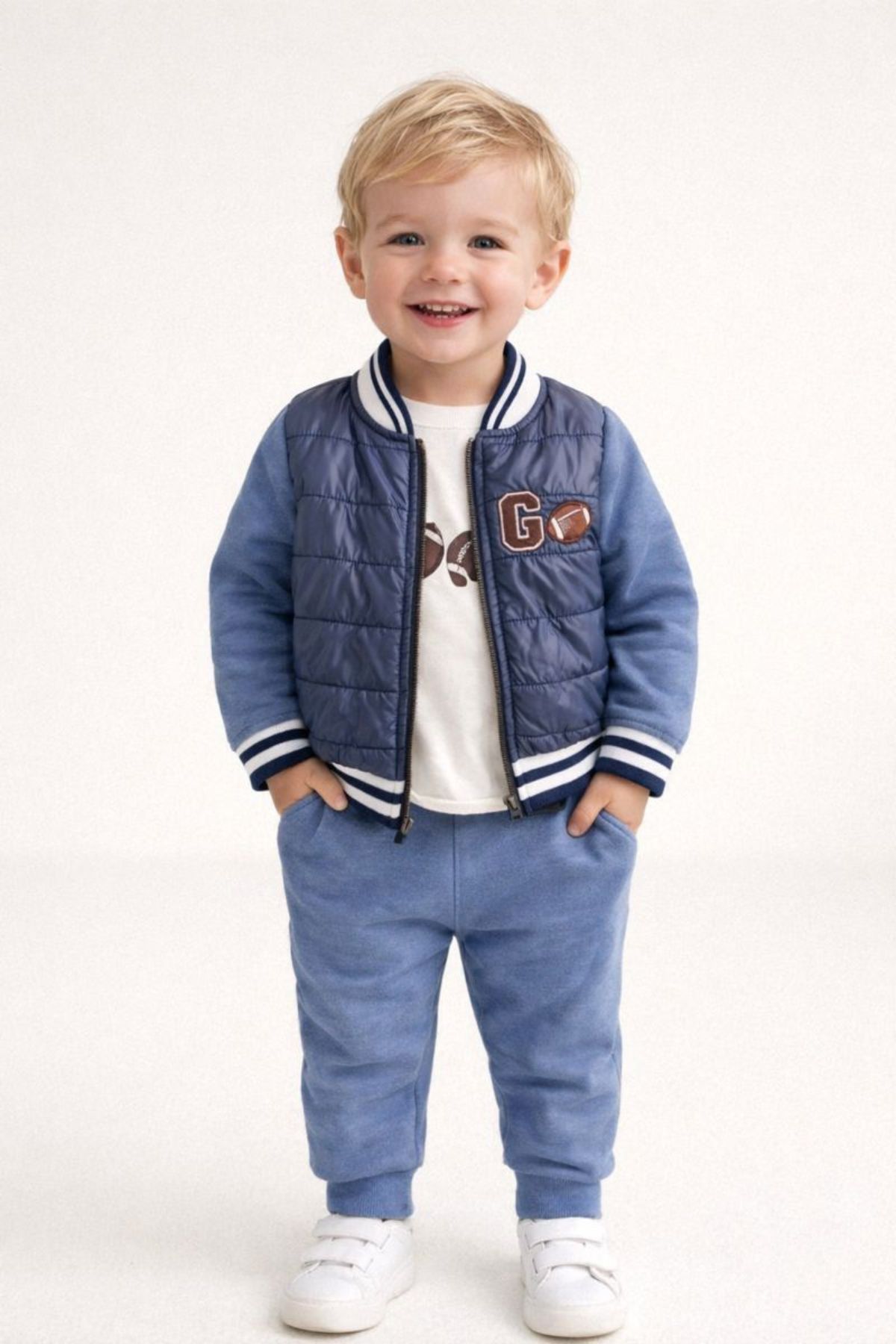 Детски комплект за момче с дълъг ръкав 3 части, син цвят