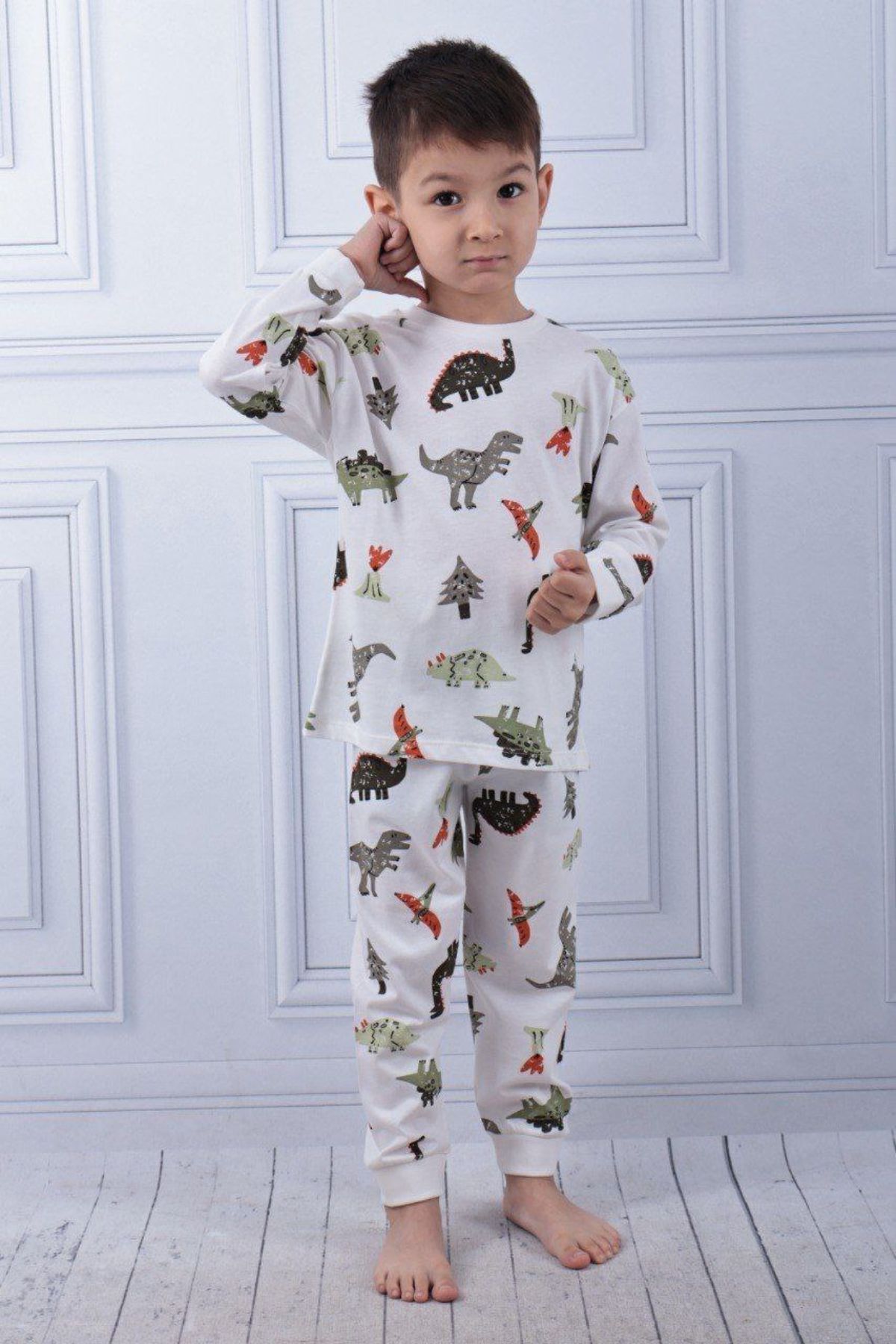 Детска пижама за момче с дълъг ръкав, цвят екрю