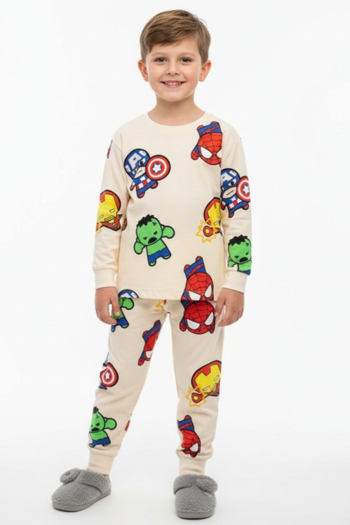 Детска пижама за момче с дълъг ръкав, бежов цвят