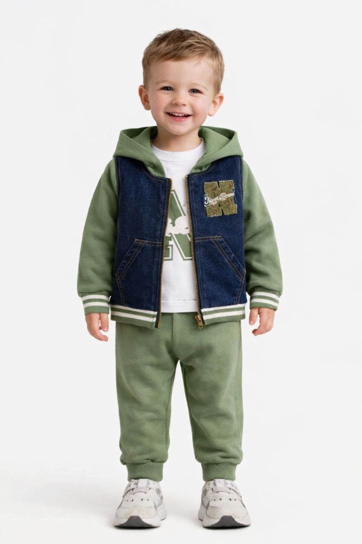 Детски комплект за момче с дълъг ръкав 3 части, зелен цвят 