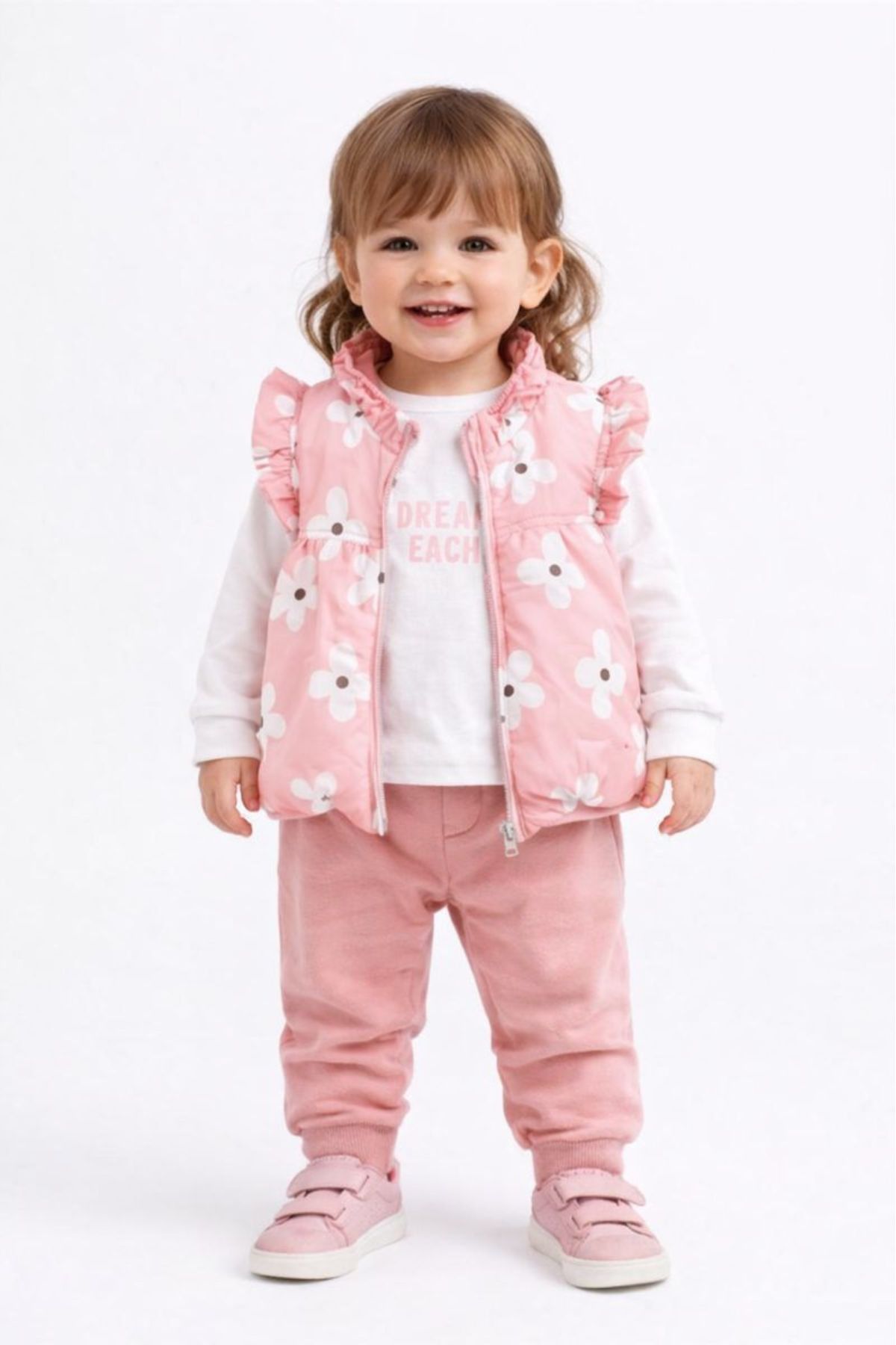 Детски комплект за момиче с дълъг ръкав 3 части, розов цвят