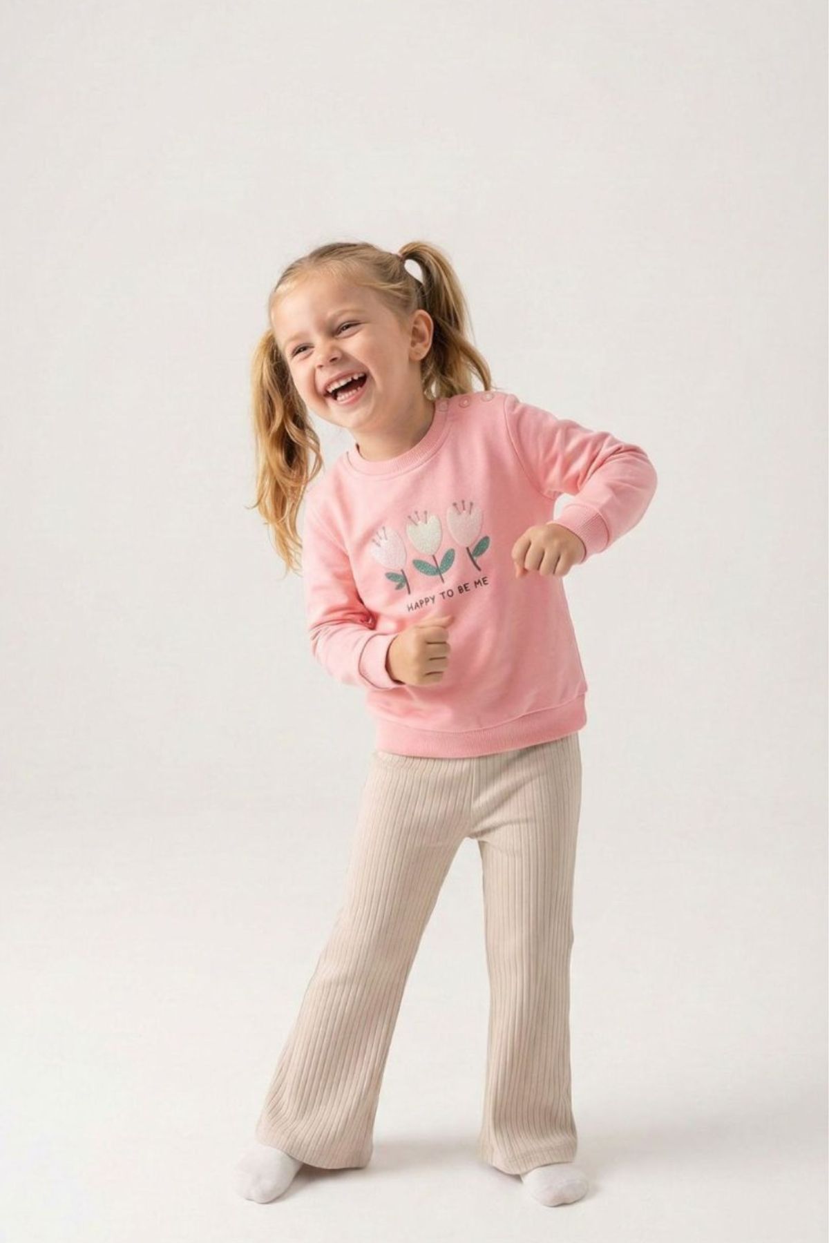 Детски комплект за момиче с дълъг ръкав, светло розов цвят